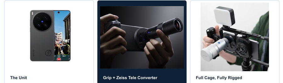 TVU Pocket: the unit, the grip with Zeiss tele converter, and the full cage rig